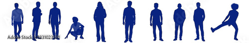 Diverse group of people silhouettes in various poses for modern business or lifestyle designs, perfect for presentations or website graphics
