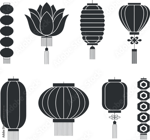 Collection of various black silhouette traditional chinese lantern icon set