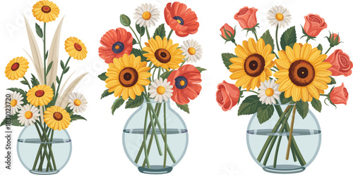 Flower vase illustration, floral arrangement, daisies, sunflowers, poppies, roses, botanical art, glass vases, colorful flowers, nature decor, blooming bouquet, ornamental grass