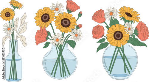 Flower vase illustration, glass vases, water-filled vases, floral arrangement, sunflowers, daisies, poppies, roses, botanical art, nature decor, blooming bouquet, vase shapes, flower mix, seasona