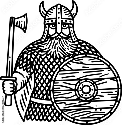 medieval viking warrior in chainmail armor holding battle axe and round wooden shield illustration