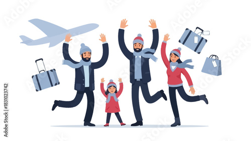 Joyful Winter Travel: Happy Family Running and Jumping with Luggage and Airplane, Isolated Vector Illustration.