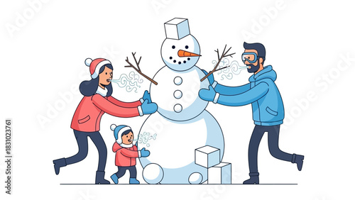 Happy Family Building a Snowman Together in Winter. Flat Outline Vector Illustration of Cold Weather Fun and Holiday Bonding.