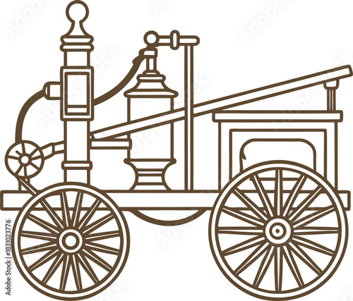 Antique hand drawn vintage fire wagon with pump, wooden wheels and hose outline illustration