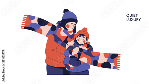 Happy Mother and Daughter Hugging in Warm Winter Clothes, Celebrating Family Love and Cozy Season with a Shared Colorful Scarf