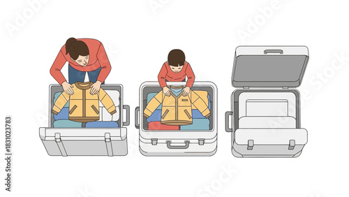 Efficient Travel Packing Concept: Step-by-Step Illustration of Folding and Organizing Clothes in a Suitcase