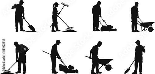 Gardening, landscaping, silhouette, worker, shovel, rake, lawnmower, wheelbarrow, outdoor, maintenance, labor, black, vector, tool, posture, task, garden, yard, equipment, isolated**