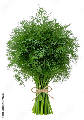 Fresh dill herb bundle tied with twine isolated on transparent background
