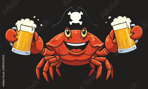 Funny pirate crab, cartoon sea animal, beer mug character, cheerful ocean mascot, humorous vector design, party theme illustration, faceless style