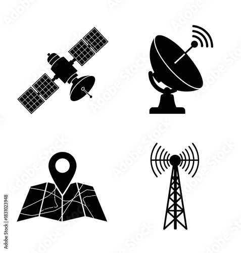 Black and white communication icons set for global connectivity, satellite, radar, location, and antenna symbols for modern technology designs