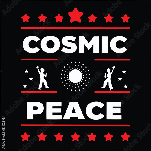 Cosmic peace is proclaimed with human figures and red stars against a black backdrop