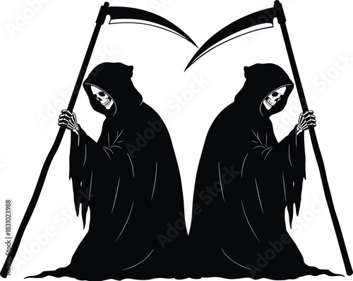 Grim Reaper dark gothic fantasy illustration, death figure with scythe, skeleton hooded cloak, horror spooky art, symmetrical design, eerie