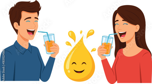 Happy couple drinking fresh fruit juice together with smiling cartoon droplet mascot, healthy lifestyle beverage illustration, cheerful hydration concept, colorful