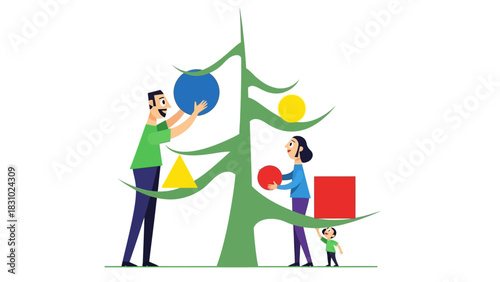 Family Decorating Abstract Christmas Tree with Geometric Shapes. Modern Minimalist Illustration of Holiday Teamwork and Growth.