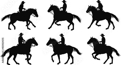Horseback rider silhouette, cowboy hat figure, equestrian pose collection, western horse riding illustration, black shadow art, animal posture design
