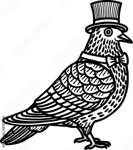 Dapper pigeon gentleman wearing top hat and bow tie elegant bird illustration, vintage stylized line art