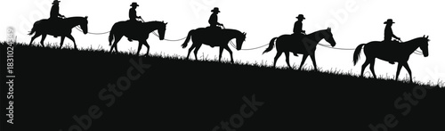 Horseback riding silhouette, trail riders in line, cowboy hats, sloped terrain journey, traditional equestrian scene, rural travel vector, western art