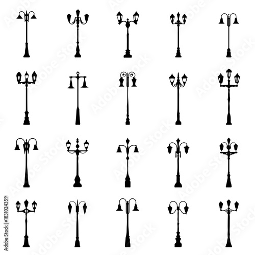 Silhouettes of street lamps