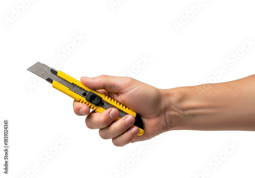 Hand holding a yellow utility knife isolated on transparent background