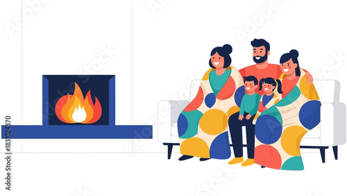 Cozy Family Night: Parents and Children Snuggle Under a Colorful Blanket by the Fireplace