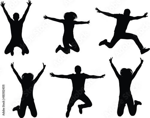 Jumping silhouette, happy pose, celebration figure, energetic movement, black person, joyful jump, raised arms, freedom gesture, dynamic posture, silhouette illustration, expressive motion,