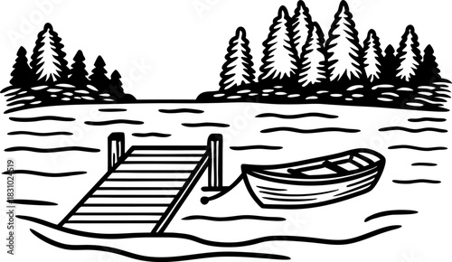 Wooden dock and rowboat on calm lake with pine tree islands in simple black and white illustration