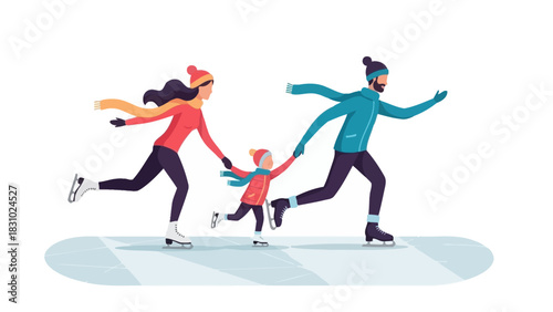 Energetic Family Ice Skating Together. Parents and Child Enjoying Winter Sports and Holiday Fun
