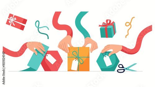 Festive Hands Wrapping Presents: Holiday Preparation and Retail Gifting Concept with Paper, Ribbon, and Gift Tags.