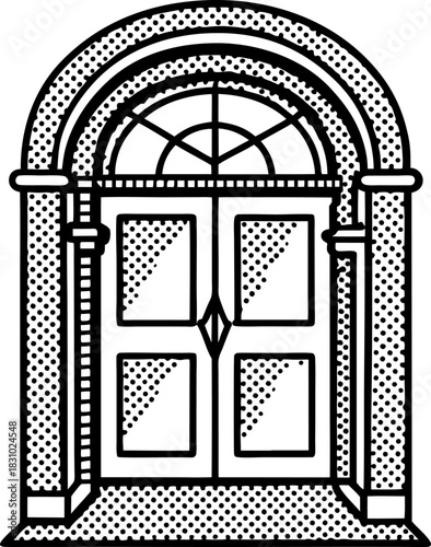 Vintage arched double door entrance with decorative columns and classic architectural frame