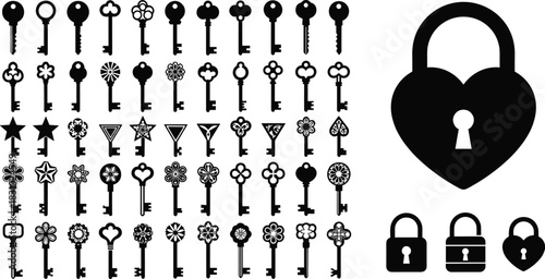 Key and padlock silhouette set, black vector icons, heart lock, abstract keys, floral, geometric, security symbol, access illustration