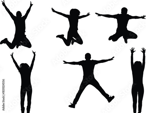 Jumping, silhouette, people, expressive, pose, motion, freedom, celebration, joy, dance, energy, leap, raised arms, active, group, white, background, dynamic, airborne, excitement**