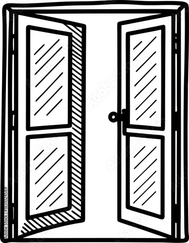 Open double door illustration with glass panels and handle, black and white hand drawn sketch