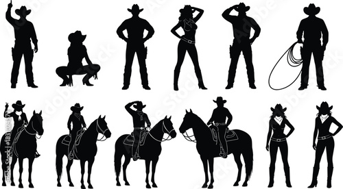 Large collection of Western cowboy and cowgirl silhouettes, featuring men riding horses, holding lassos, and posing women. Vector set.
