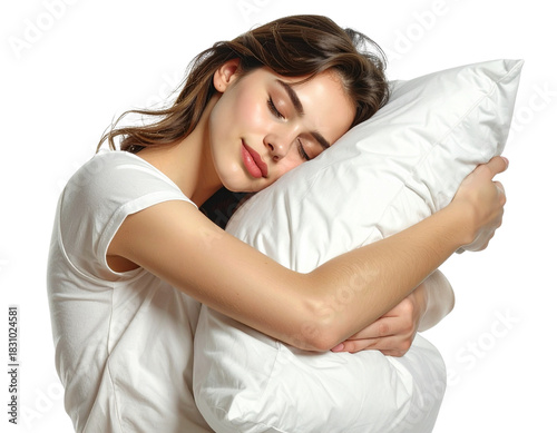 Three-Quarter Angle of Sleeping Young Woman with Pillow Hug, Isolated on Transparent Background