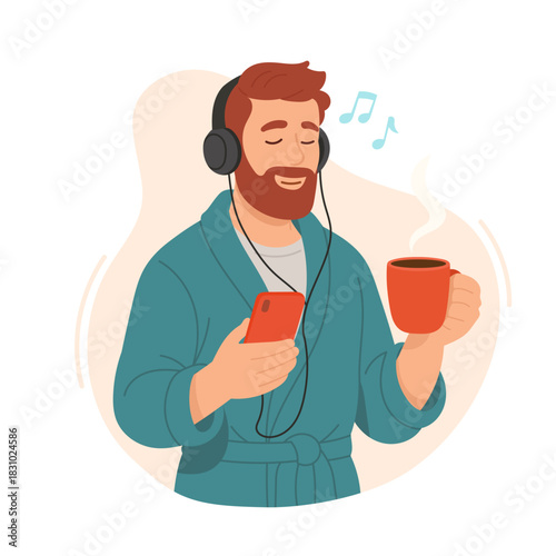 Handsome man cartoon character wearing bathrobe and headphones listening motivational audio using mobile phone while drinking morning coffee. vector illustration isolated on white background