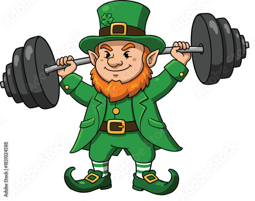 Leprechaun mascot lifting heavy barbell, strong Irish character in green costume, fitness strength training, St Patrick’s Day cartoon illustration