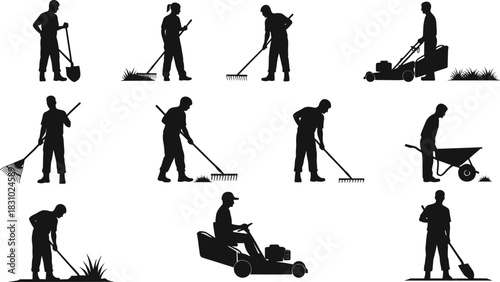 Lawn care silhouette, gardening worker, landscaping tools, mowing grass, raking leaves, wheelbarrow, shovel, outdoor maintenance, yard work, black figure, ride-on mower, push mower,