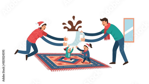 Frantic Parents Catching Giant Spilling Coffee Mug Above Children: Home Accident, Chaos, and Parental Stress Illustration