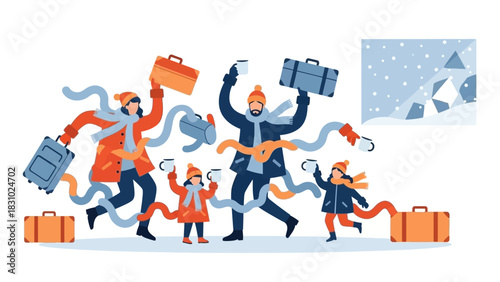 Excited Family Rushing on a Winter Holiday Trip with Luggage and Hot Drinks