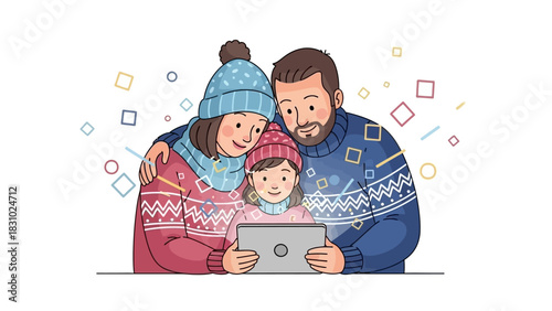 Cozy Family in Winter Sweaters Using a Digital Tablet Together. Holiday Season Bonding and Streaming Illustration.