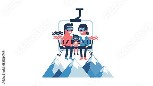 Happy Family Skiing Vacation: Parents and Child Riding Chairlift Above Snowy Mountains. Winter Sport and Leisure Time.