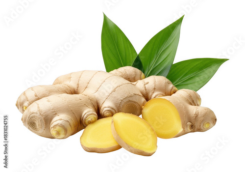 Fresh ginger root with green leaves isolated on transparent background
