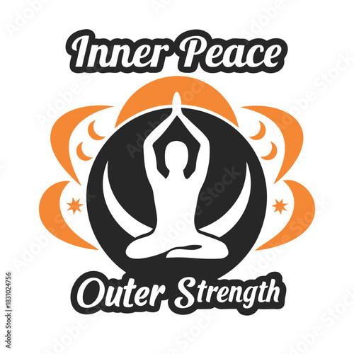 Inner peace and outer strength with yoga pose silhouette against orange crescent shapes