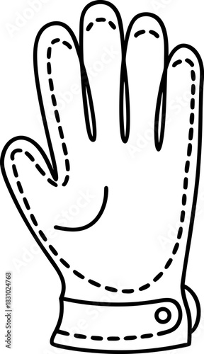 Outline of protective glove with stitched seams and buttoned wrist strap on white background