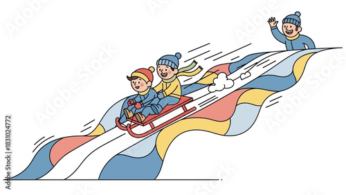 Joyful Kids Sledding Down a Steep, Colorful Hill in Winter. Cartoon Illustration of Children Playing Outdoors.