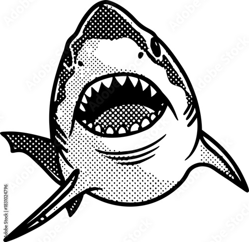 Angry shark illustration aggressive marine predator with open jaws, sharp teeth, vintage stipple drawing