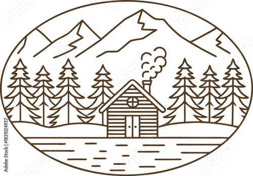 Cozy lakeside log cabin in pine forest with mountain landscape and smoking chimney illustration