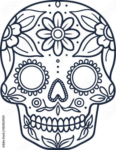 Floral sugar skull outline decorative dia de muertos skull with ornamental flowers and patterns