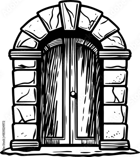 Old stone arch doorway with closed wooden doors, hand drawn black and white illustration