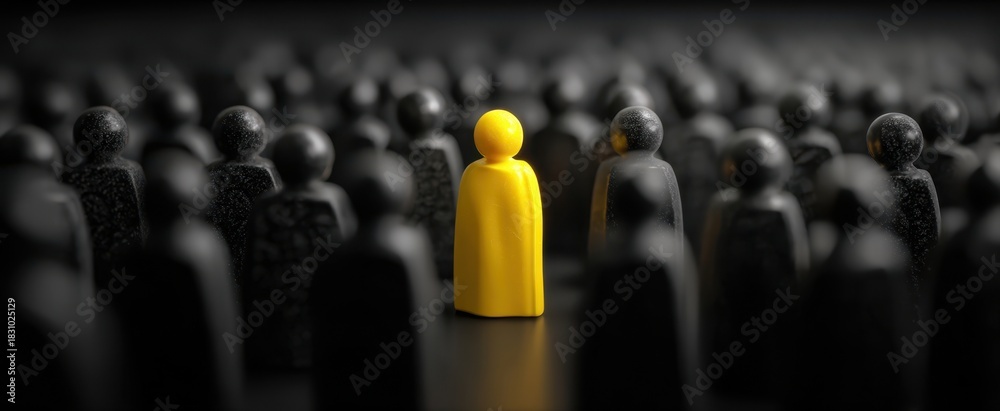Obraz premium The Yellow Figurine Standing Out Among Dozens of Black Figures in Crowd